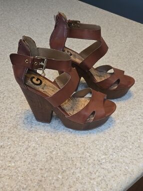 G by Guess Chestnut Brown Platform Heel Sandals